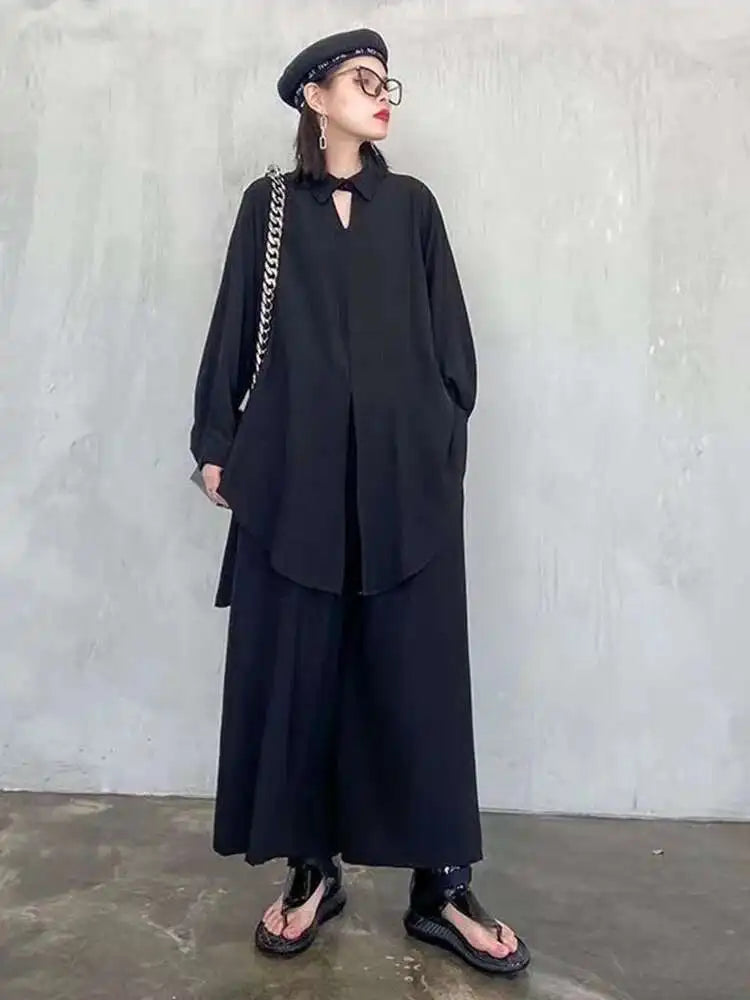 Wide Leg Pants Big Size Two Piece Suit New Lapel Long Sleeve Black Loose Fit Women Fashion Tide Spring Autumn 2025 1DF0685