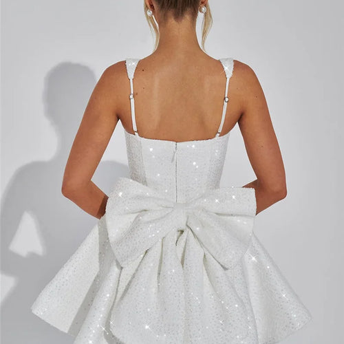 Load image into Gallery viewer, Sequins Bow Backless Sexy Mini Dress For Women Robe Fashion Square Collar Sleeveless High Waist A-line Club Dress
