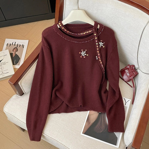 Load image into Gallery viewer, Korean Autumn Winter Beige Diamonds Long Sleeves Loose Knit Crochet Sweater Women's Red Round Neck Versatile Short Pullover Tops
