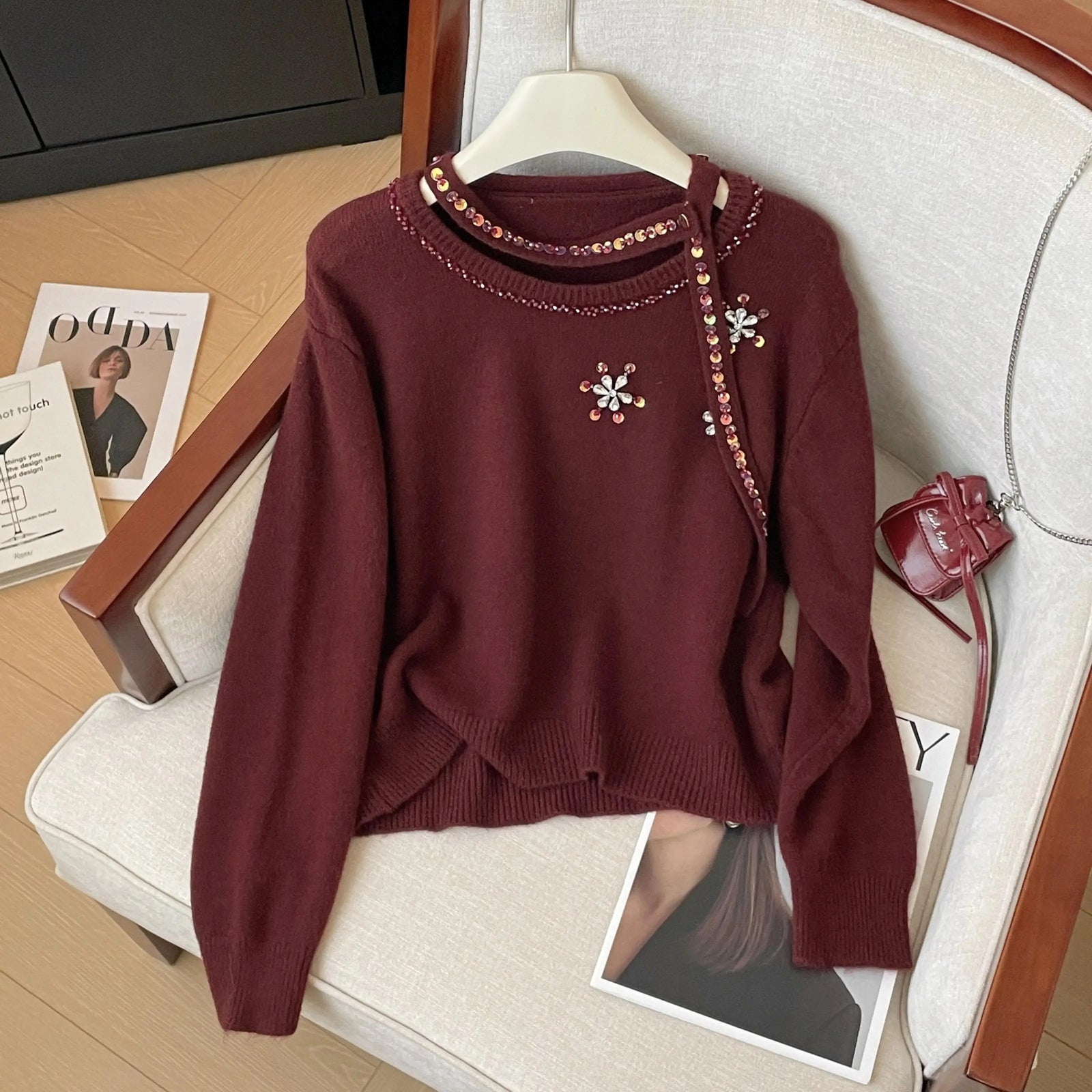 Korean Autumn Winter Beige Diamonds Long Sleeves Loose Knit Crochet Sweater Women's Red Round Neck Versatile Short Pullover Tops