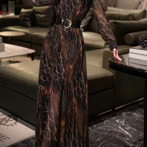 Load image into Gallery viewer, Hit Color Spliced Belt Slimming Dresses For Women V Neck Long Sleeve High Waist Temperament Dress Female Fashion
