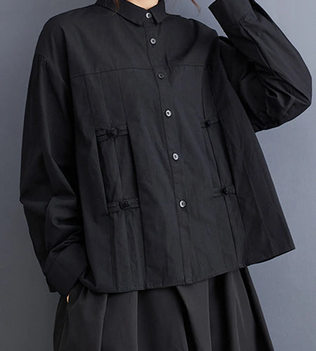 Women Black Vintage Buckle Big Size Elegant Blouse New Lapel Long Sleeve Shirt Fashion Tide Spring Autumn 2025 1DH6749