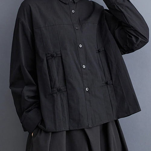 Load image into Gallery viewer, Women Black Vintage Buckle Big Size Elegant Blouse New Lapel Long Sleeve Shirt Fashion Tide Spring Autumn 2025 1DH6749
