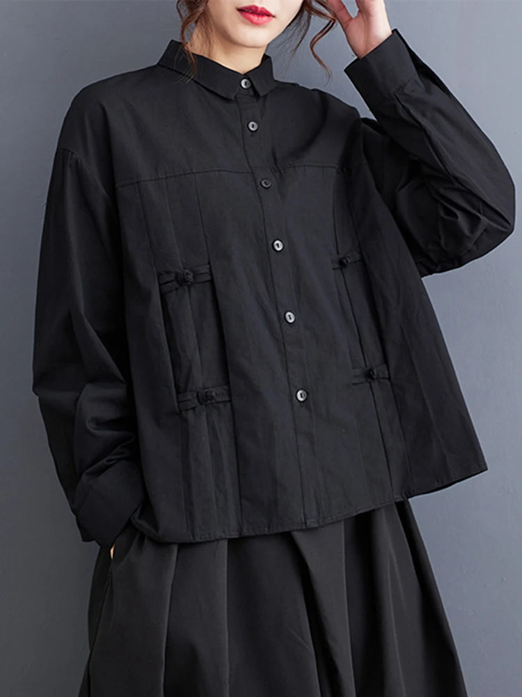 Women Black Vintage Buckle Big Size Elegant Blouse New Lapel Long Sleeve Shirt Fashion Tide Spring Autumn 2025 1DH6749