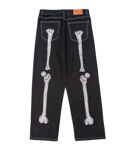 Men's Skeleton Embroidered Jeans New American High Street Fashion Straight Wide Leg Line Design Male Casual Trousers 9W1884