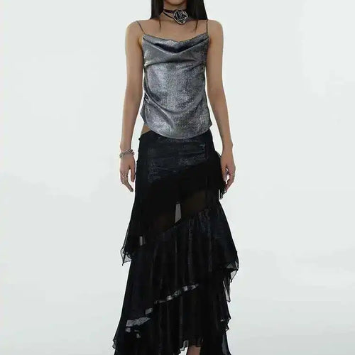 Load image into Gallery viewer, High Waist Black Irregular Mesh Ruffles Elegant Floor-Length Half-body Skirt Women Fashion New Spring Autumn 2025 1DH6274
