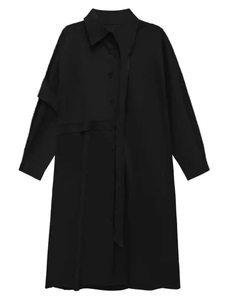 Women Purple Belted Big Size Irregular Midi Shirt Dress New Lapel Long Sleeve Fashion Tide Spring Autumn 2025 1DH5164