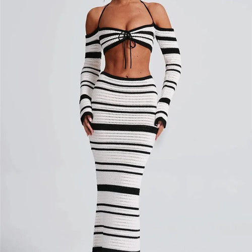 Load image into Gallery viewer, Striped Knit Skirt Two Piece Sets Women Strapless Long Sleeve Crop Tops And Maxi Skirt Sexy Two Piece Sets Knitwear
