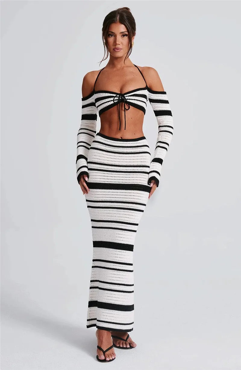 Striped Knit Skirt Two Piece Sets Women Strapless Long Sleeve Crop Tops And Maxi Skirt Sexy Two Piece Sets Knitwear