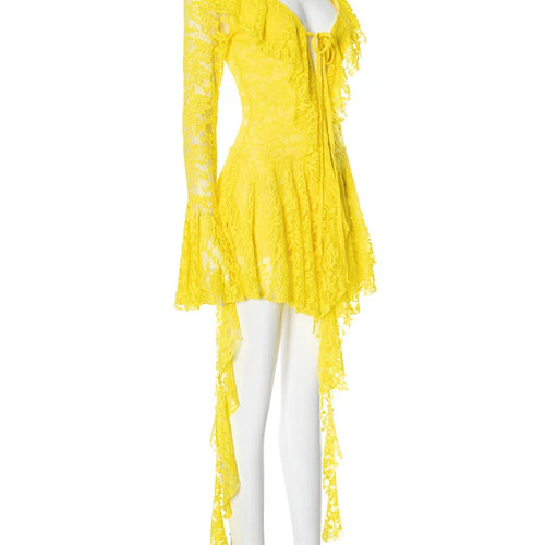 Load image into Gallery viewer, Lace Ruffled Sexy Mini Dress For Women Robe Deep V Neck Flare Long Sleeve Draped A-line Club Party Dress Vestido
