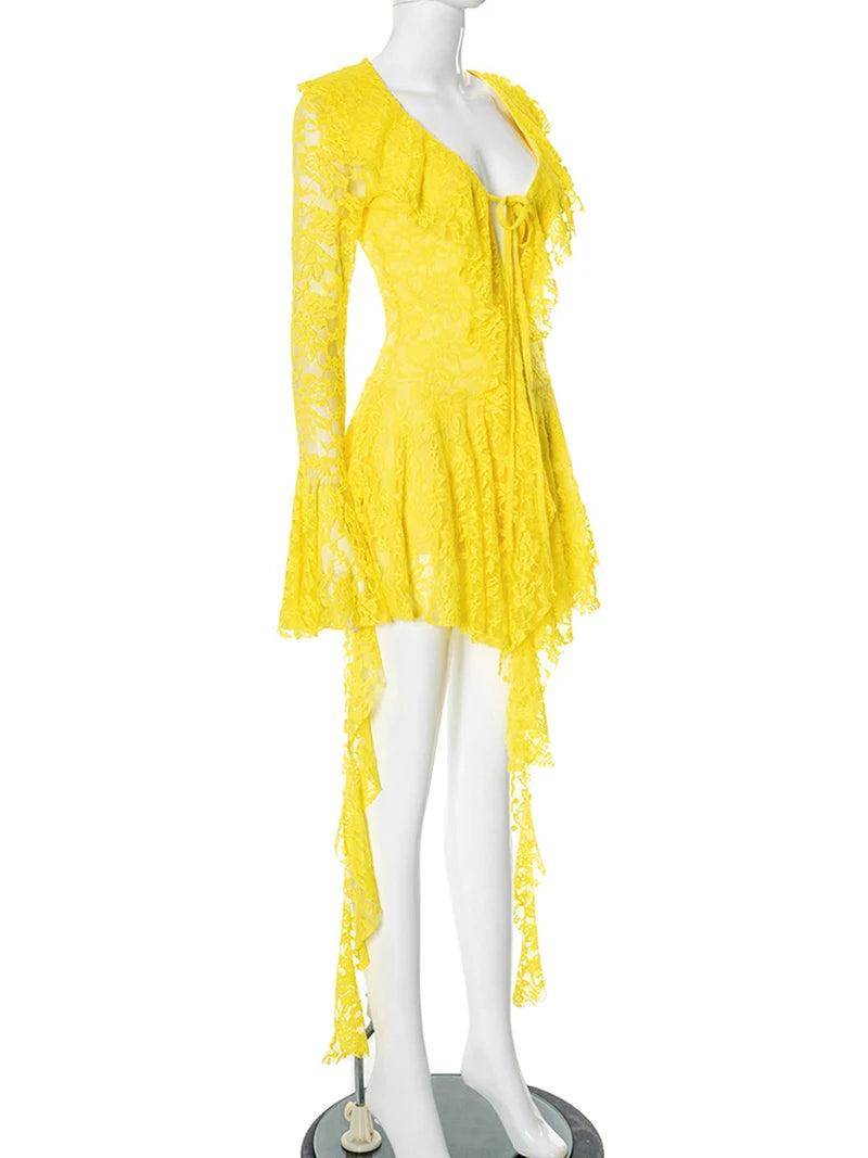 Lace Ruffled Sexy Mini Dress For Women Robe Deep V Neck Flare Long Sleeve Draped A-line Club Party Dress Vestido