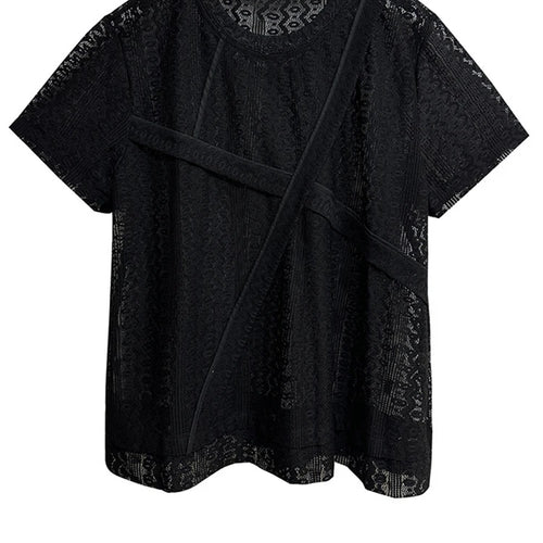 Load image into Gallery viewer, Women White Lace Perspecvtive Big Size Thin T-shirt New Round Neck Short Sleeve Fashion Tide Spring Summer 2025 1DH5692
