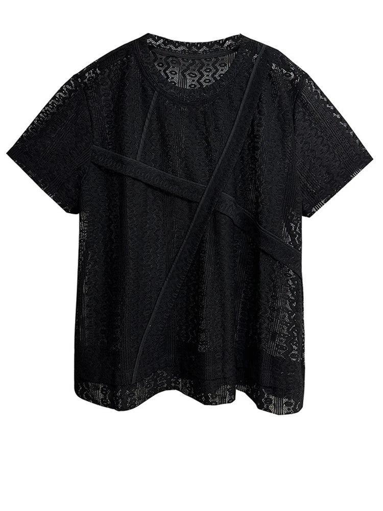 Women White Lace Perspecvtive Big Size Thin T-shirt New Round Neck Short Sleeve Fashion Tide Spring Summer 2025 1DH5692