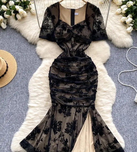 Vintage Women Black Elegant Square Neck Birthday Fishtail Evening Dress Summer High Waist Party Pleated Lace Split Long Dresses