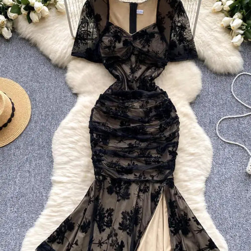 Load image into Gallery viewer, Vintage Women Black Elegant Square Neck Birthday Fishtail Evening Dress Summer High Waist Party Pleated Lace Split Long Dresses
