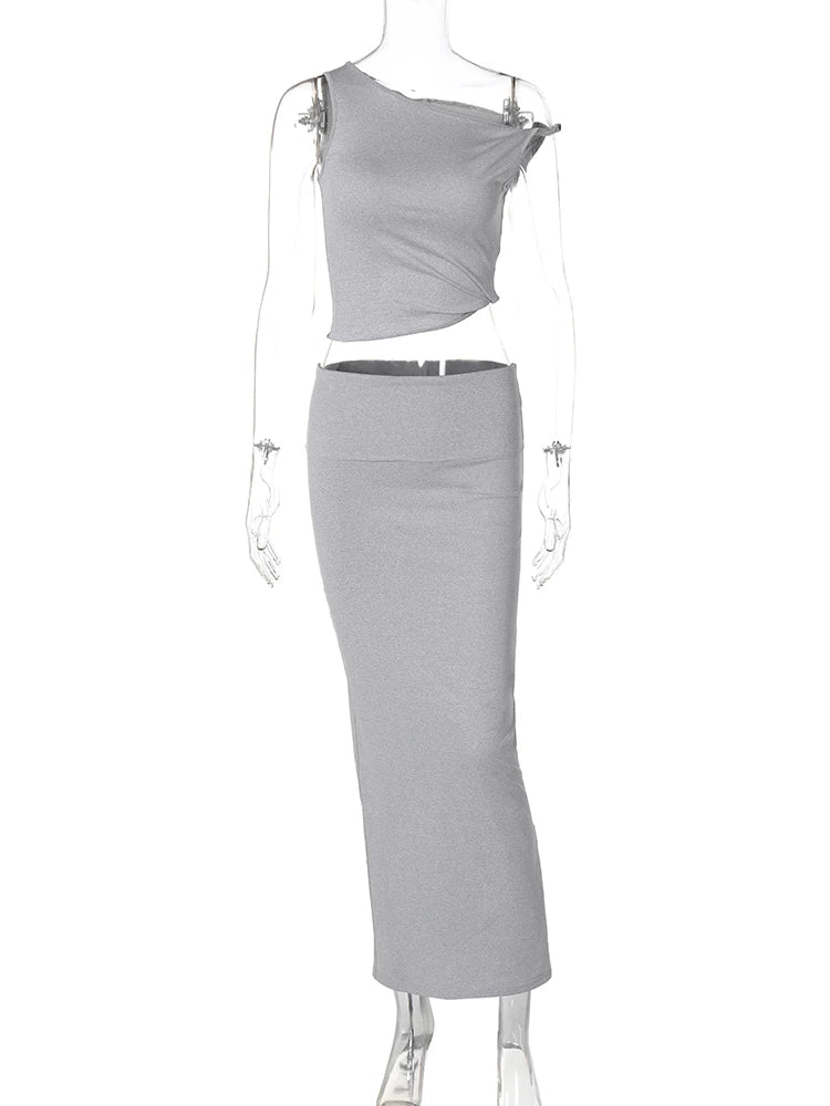 Fashion 2 Pcs Sets Solid Skew Collar Sleeveless Sexy Crop Tank Top Slit Maxi Skirt Summer Women Outfit Festival Party