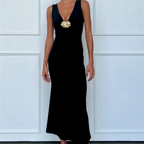 Load image into Gallery viewer, Elegant Deep V Neck Front Gold Clasp Sexy Maxi Dress For Women Black Gown Sleeveless Slim Fit Long Tank Dress Elegant
