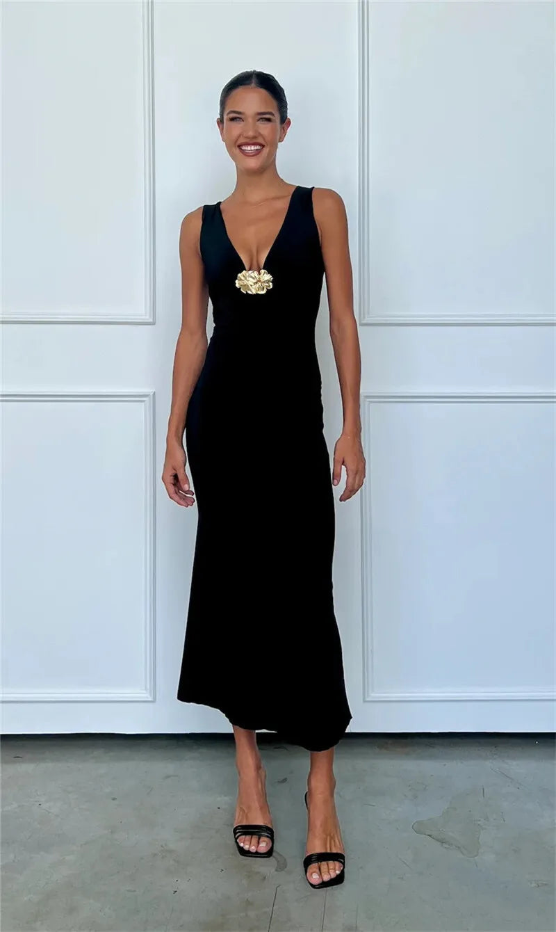 Elegant Deep V Neck Front Gold Clasp Sexy Maxi Dress For Women Black Gown Sleeveless Slim Fit Long Tank Dress Elegant