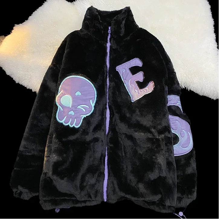 Korean Autumn Winter Women Y2k Jackets Coats 2025 Harajuku Lamb Woolen Coat Skull Embroidery Casual Loose Outwear