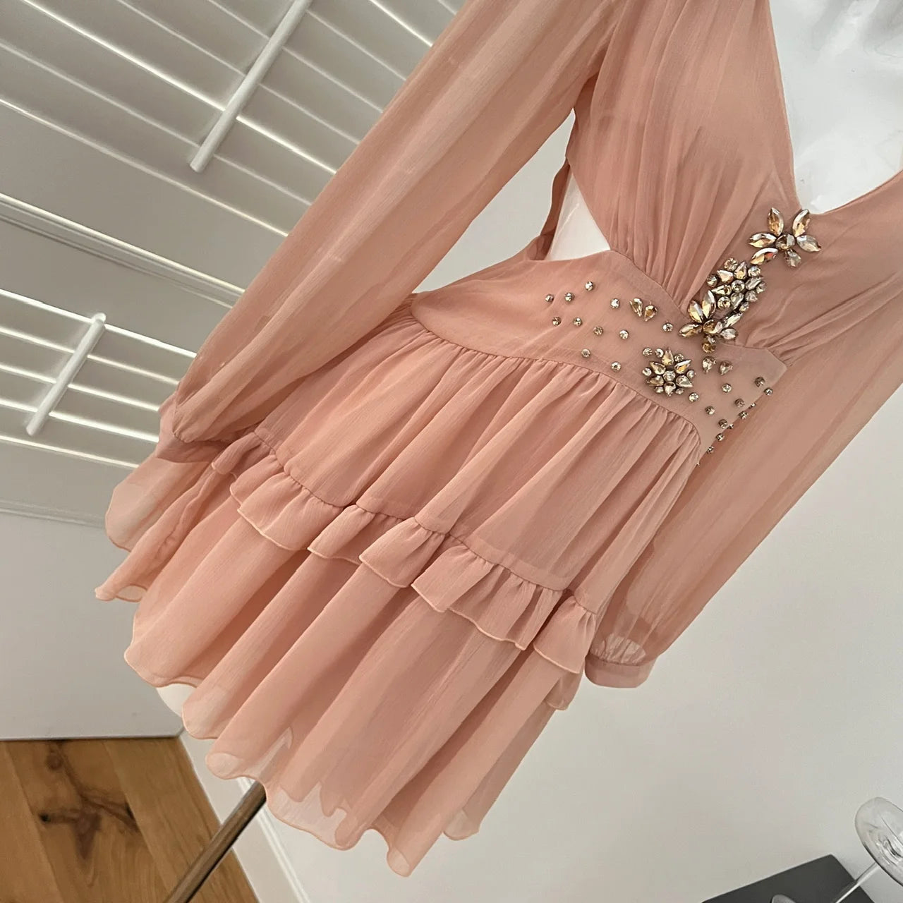 French Pink Diamond Long Sleeved High Waist Pleated Dress For Women Spring Autumn 2025 New Hollow Out Ruffles Vacation Dress New