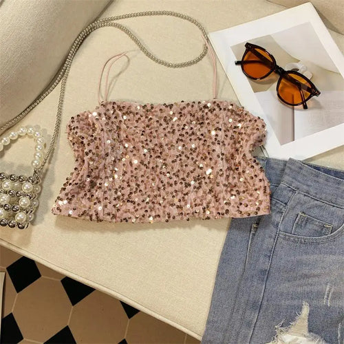 Load image into Gallery viewer, Summer Women&#39;s Black Spaghetti Strap Sequined Camisole Fashion Shiny Pink Cropped Sleeveless Sexy Slim Short Tanks Tops New
