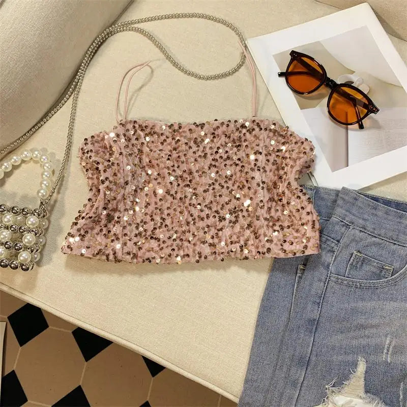 Summer Women's Black Spaghetti Strap Sequined Camisole Fashion Shiny Pink Cropped Sleeveless Sexy Slim Short Tanks Tops New