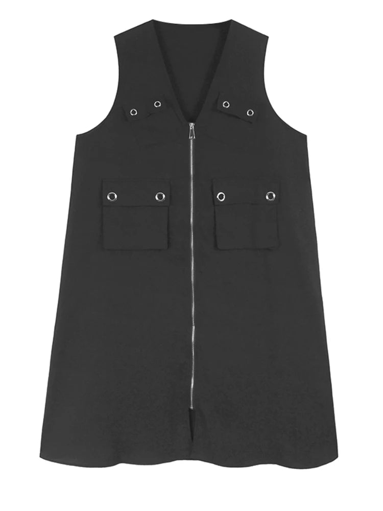 Women Black Zipper Pockets Spliced Big Size Midi Vest Dress New V-Neck Sleeveless Fashion Tide Spring Autumn 2025  1DJ1194