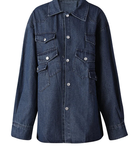 Blue Pockets Denim Big Size Casual Jacket New Lapel Long Sleeve Women Coat Fashion Tide Spring Autumn 2025 12C2135