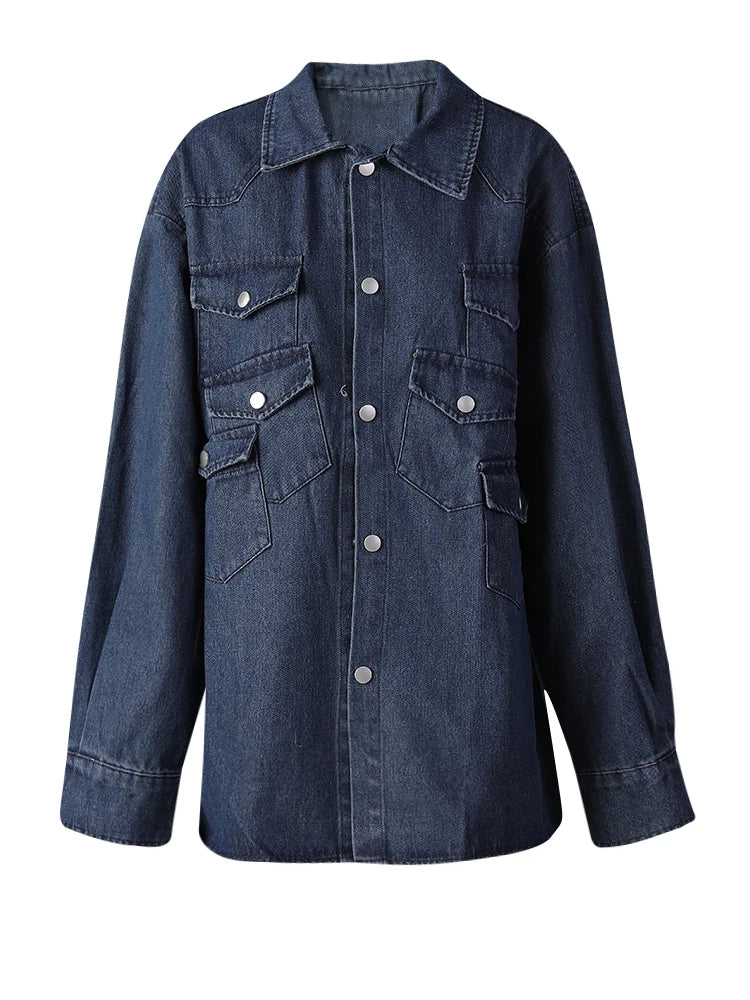 Blue Pockets Denim Big Size Casual Jacket New Lapel Long Sleeve Women Coat Fashion Tide Spring Autumn 2025 12C2135