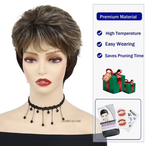 Load image into Gallery viewer, Synthetic Hair Short Wig with Bangs Mommy Wig Mix Brown Highlights Natural Wigs for Daily Use Chemo Cancer Patients Gifts Wigs
