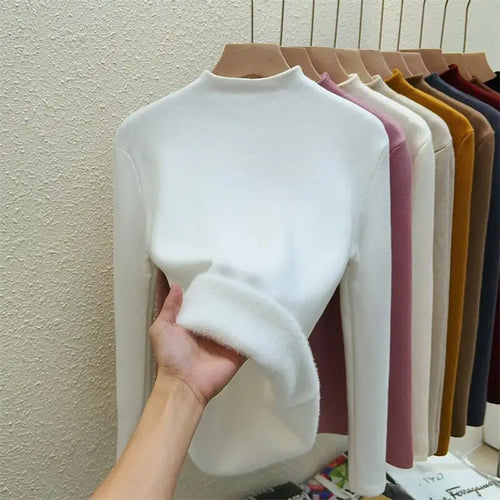 Load image into Gallery viewer, Autumn Winter Women Solid Half High Neck Velvet Sweater Korean Fashion Warm Knitwear Long Sleeve Pullovers Tops Thick Simplicity
