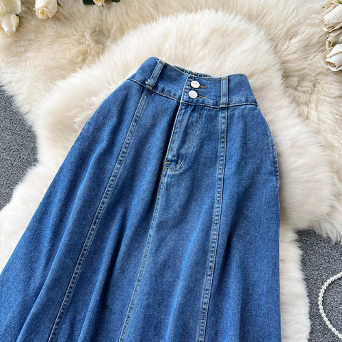 Load image into Gallery viewer, Summer Women Retro High Waist Blue Denim Skirts A Line Casual High Elastic Waist Streetwear Midi Pleated Button Jeans Skirt Chic
