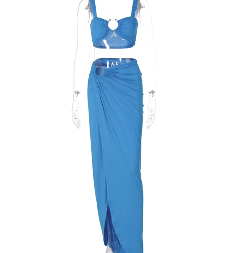 Straps Square Collar Draped Loops Crop Tank Top Sexy Slit Maxi Skirt 2 Piece Sets Spring New Festival Vacation Outfit
