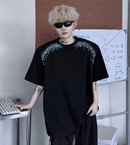 Summer New T-shirts Spray Painted Nail Bead Decoration Loose Round Neck Men's Short Sleeve T-shirt Patchwork Tees 9W1497