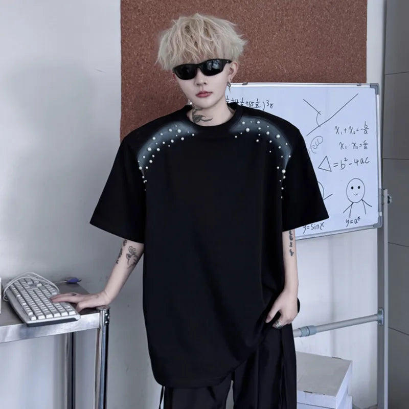 Summer New T-shirts Spray Painted Nail Bead Decoration Loose Round Neck Men's Short Sleeve T-shirt Patchwork Tees 9W1497