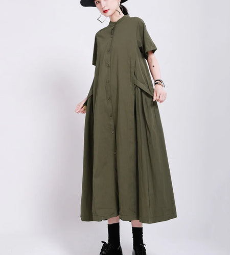 Women Army Green Pleated Elegant Long Shirt Dress New Stand Collar Short Sleeve Fashion Tide Spring Summer 2025 1DE8985