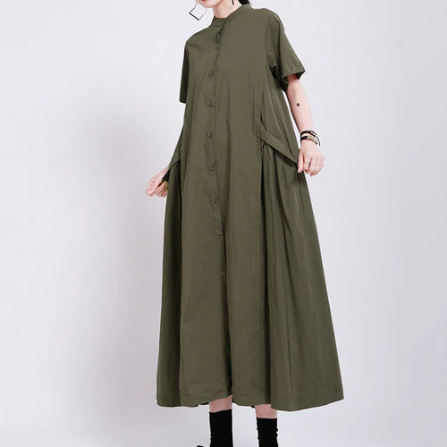 Load image into Gallery viewer, Women Army Green Pleated Elegant Long Shirt Dress New Stand Collar Short Sleeve Fashion Tide Spring Summer 2025 1DE8985
