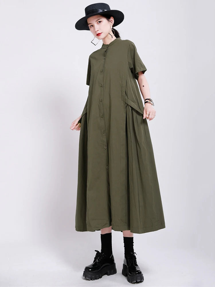Women Army Green Pleated Elegant Long Shirt Dress New Stand Collar Short Sleeve Fashion Tide Spring Summer 2025 1DE8985