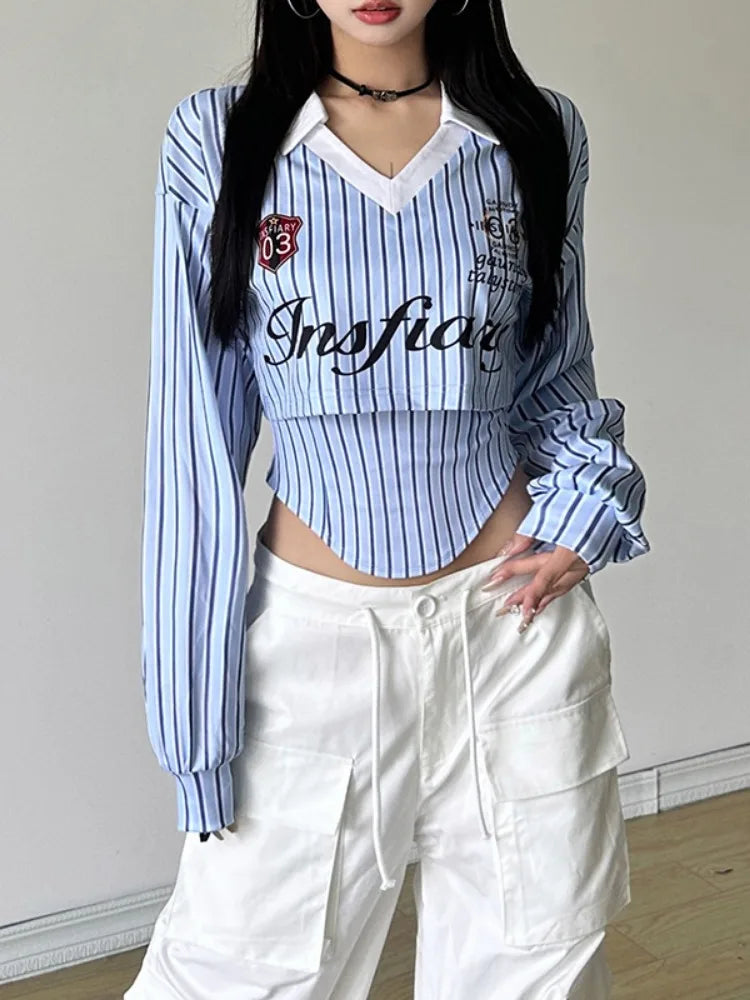 Preppy Style Cropped Streetwear Stripe Letter Printing T Shirts + Grunge Irregular Tank Top Women Y2k Aesthetic Two Pieces Set