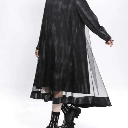 Load image into Gallery viewer, Women Black Hollow Out Mesh Spliced Big Size Dress New Stand Collar Long Sleeve Fashion Tide Spring Autumn 2025 1DJ0051

