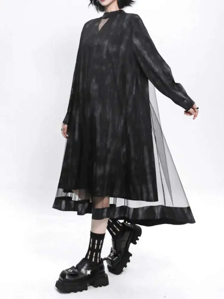 Women Black Hollow Out Mesh Spliced Big Size Dress New Stand Collar Long Sleeve Fashion Tide Spring Autumn 2025 1DJ0051