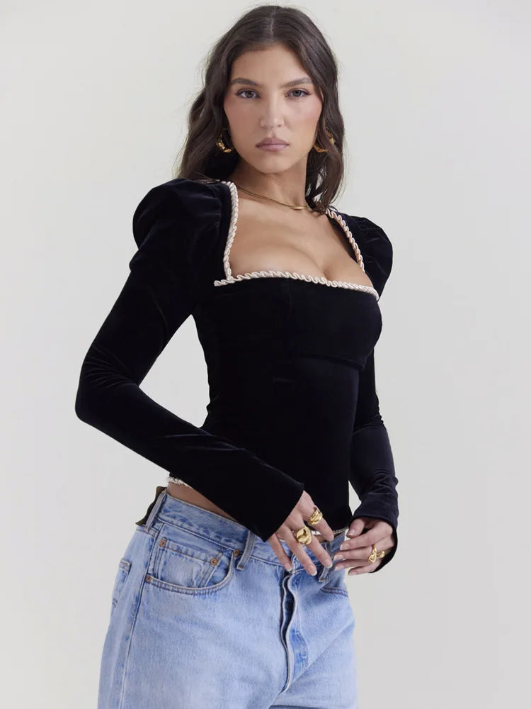 Elegant Velvet Long Sleeved Tight T-shirt For Women Sexy Square Neck Slim Backless Lace Up Female Top Fashion Streetwear