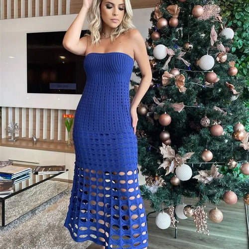 Load image into Gallery viewer, Strapless Off-shoulder Hollow Out Knit Maxi Dress For Women Gown Fashion Sleeveless Backless Beach Skinny Long Dress
