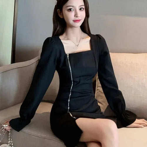 Load image into Gallery viewer, Autumn Korean Zip Oversized Black Long Sleeve Mini Dress Women Vintage Retro Square Collar Short Dresses
