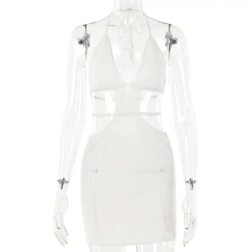 Hollow Out Halter Sexy Mini Dress Women Summer New Sleeveless Backless Skinny Club Party Knit Tank Dress Vestido