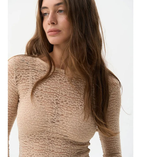 Fashion Long Sleeve Elastic Tight Women Top Round Neck Lace Perspective T-shirt Female Street Autumn/Winter New Clothing