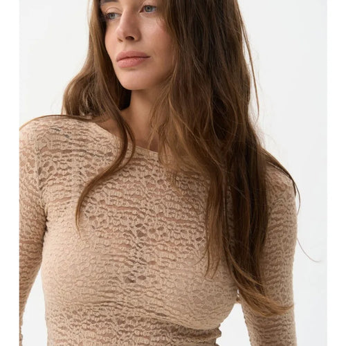 Load image into Gallery viewer, Fashion Long Sleeve Elastic Tight Women Top Round Neck Lace Perspective T-shirt Female Street Autumn/Winter New Clothing
