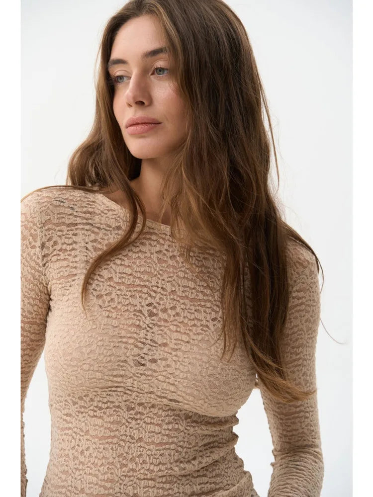 Fashion Long Sleeve Elastic Tight Women Top Round Neck Lace Perspective T-shirt Female Street Autumn/Winter New Clothing