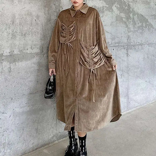 Load image into Gallery viewer, Women Khaki Drawstring Irregular Big Size Elegant Midi Dress New Long Sleeve Fashion Tide Spring Autumn 2025 1DH7270
