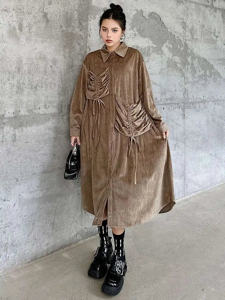 Women Khaki Drawstring Irregular Big Size Elegant Midi Dress New Long Sleeve Fashion Tide Spring Autumn 2025 1DH7270
